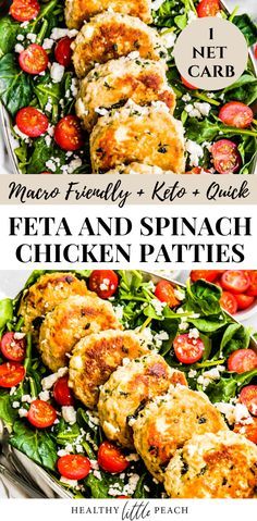 chicken patties and spinach salad on a plate with the title text overlay