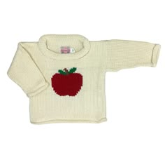 long sleeve ivory apple sweater Apple Roll, Silly Clothes, Cotton Sweaters, Red Wagon, Baby Style, Roll Neck Sweater, Chunky Knits Sweater, Kids Sweater, Sweater Making