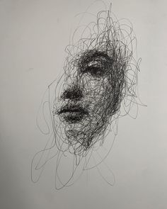 an abstract drawing of a woman's face with lines on the upper half of her face