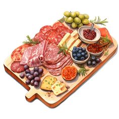 a wooden cutting board topped with meats, cheese and grapes next to olives