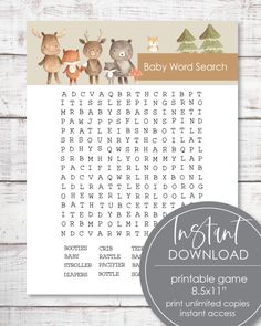 the baby word search printable game is shown in front of a wooden background with an animal theme