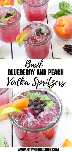 blueberry and peach vodka spritzers with fresh fruit