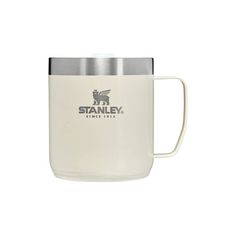 the stanley coffee mug is white and has a stainless steel lid