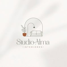 the logo for studio almaa interiores, with a couch and potted plant