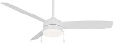 a white ceiling fan with a light on the top and two blades attached to it