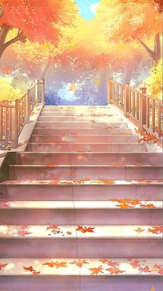 an autumn scene with stairs and trees