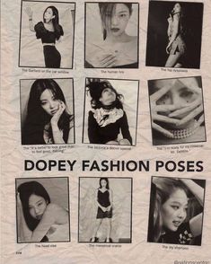 an advertisement for dopey fashion poses with pictures of women in black and white