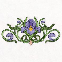 a purple flower with green vines and leaves in the center is embroidered onto a white background