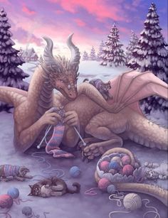 a painting of a dragon knitting yarn in the snow with other crochet items