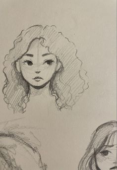 two drawings of women's faces, one with curly hair and the other without