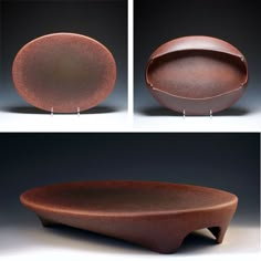 three different views of a bowl and plate on a black background, one with brown glaze