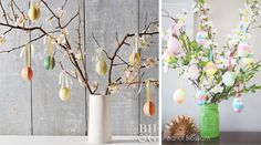 two pictures one with eggs and the other with flowers in vases filled with easter eggs