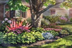 an artist's rendering of a garden with flowers in the foreground and a house in the background