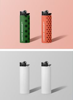 two different colored lighters next to each other on a pink and green background with black dots