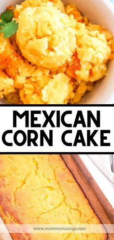 mexican corn cake in a white bowl with the title above it