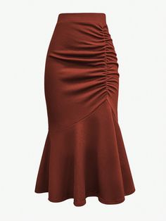 Women's Pleated Fish Tail Skirt Brown Elegant   Knitted Fabric Plain Mermaid Medium Stretch  Women Clothing, size features are:Bust: ,Length: ,Sleeve Length: Drape Skirt Pattern, Mermaid Tail Skirt, Twisted Skirt, Classy Skirts, Chic Dress Classy, Fishtail Skirt, Fish Tail, Satin Midi Skirt, Women Skirts