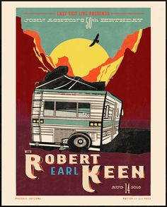 an old poster advertising a camper in front of the mountains with a bird flying over it