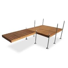 two wooden tables with metal poles on each side and one table top is made out of wood