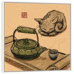 a drawing of a cat sleeping next to a tea kettle