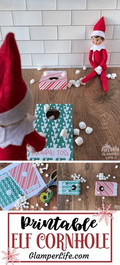 an elf is sitting on the floor next to some christmas cards and other items that have been