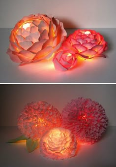 three different types of paper flowers with lights