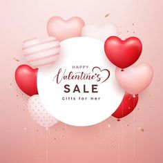 valentine's day sale with heart balloons and confetti on the pink background