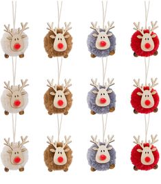 twelve reindeer ornaments hanging from strings on a white background with red nose and antlers