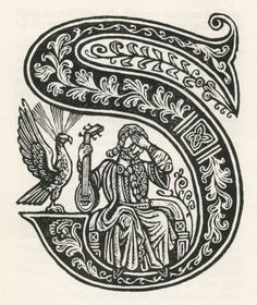 the letter s is decorated with an image of a man sitting on a chair and holding a bird