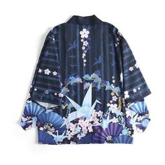 Blue Pink Flowers Haori Women | Japanese Temple Blue Haori, Gilet Kimono, Traditional Jacket, Kimono Shirt, Japanese Fan, Japanese Dress, Beautiful Illustration, Paper Crane, Cardigan Shirt