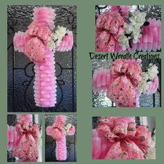 pink and white flowers are tied to a cross made out of tissue paper with ribbon