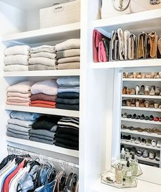 an organized closet with shoes, handbags and purses on shelves next to each other