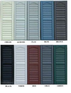 four different colors of shutters with the names on each side and one color that is red, white, blue, green