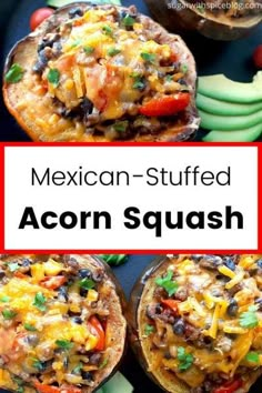 mexican stuffed acorn squash with cheese, black beans and peppers on top is shown