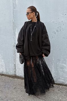 Lace Cutout High Waist Mesh Overlay Pleated Maxi Skirt. Fun way to spruce up an outfit. Gothic Lace Outfit, Mesh Maxi Skirt Outfit, Long Lace Skirt Outfit, Black Lace Skirt Outfit, Sheer Skirt Outfit, Goth Street Style, Mini Skirt Winter Outfit, Lace Black Skirt, Flare Long Skirt