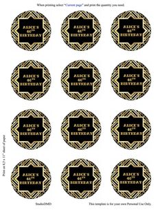 black and gold birthday cupcake toppers with the words alice's birthday on them