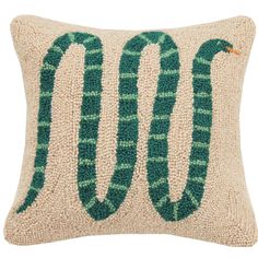 a green snake pillow with the word zoo on it's front and back side