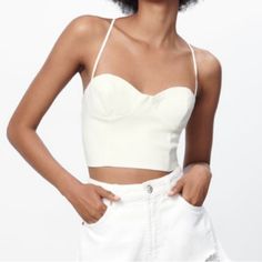 Zara Crop Top New With Tags Chic White Crop Top, Chic White Crop Top For Spring, White Feminine Crop Top With Spaghetti Straps, Elegant White Crop Top For Summer, Elegant White Summer Crop Top, Elegant White Crop Top For Spring, Elegant White Spring Crop Top, Chic Zara Cami Crop Top, Fitted Off White Zara Top