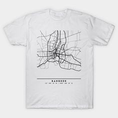 A classic city street map of Bangkok, Thailand in black and white, with the exact coordinates of the city, make up this amazing art piece. A great gift for anybody that has love for this city. You can never go wrong with class. I love my city. -- Choose from our vast selection of Crewneck and V-Neck T-Shirts to match with your favorite design to make the perfect graphic T-Shirt. Pick your favorite: Classic, Boxy, Tri-Blend, V-Neck, or Premium. Customize your color! For men and women. Travel Tshirt Designs, Bangkok Fashion, Street Map Art, Travel Tshirt, Black City, Graphic Tee Design, City Street, Street Map, This City