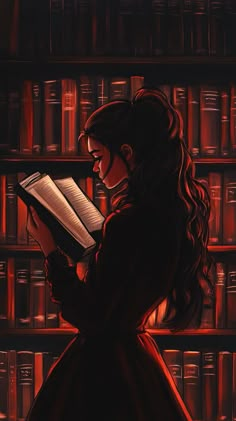 a woman reading a book in front of a bookshelf