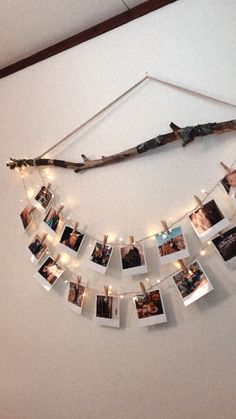 a bunch of pictures hanging on a wall with lights strung from them and some branches