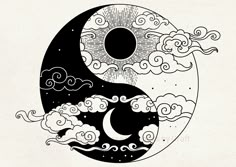 the yin symbol is painted in black and white, with clouds floating over it's head