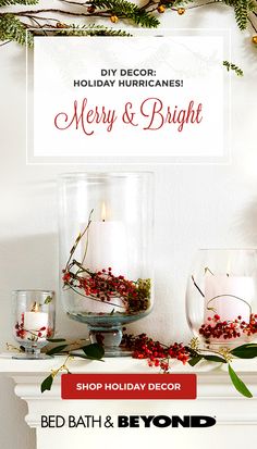 a fireplace with candles and greenery on it for merry and bright shop holiday decor