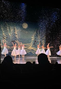 dancers on stage in white tutu skirts with snow falling from the sky behind them