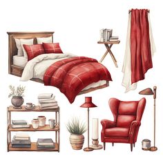 a watercolor drawing of a bedroom with red furniture and accessories, including a bed