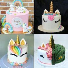 four different cakes decorated with unicorns and rainbows