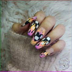 amazing nail art Almond Glow In The Dark Nails, Punk Summer Nails, Summer Flame Nails, Fun Festival Nails, Rainbow Leopard Print Nails, Summer Set Nails, Colorful Flame Nails, Dark Rainbow Nails, Cute Flame Nails