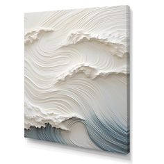 an abstract painting with white and blue waves on the wall in front of a white background