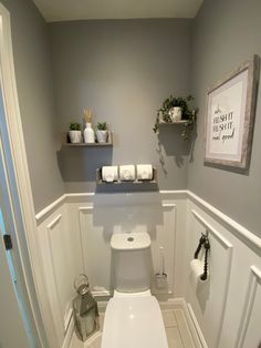 a white toilet sitting inside of a bathroom next to a shelf filled with potted plants