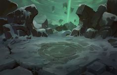 an animated scene with rocks and snow in the foreground, green light shining from above