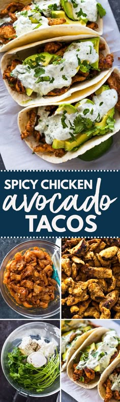 chicken and avocado tacos are served on tortillas with cilantro sauce